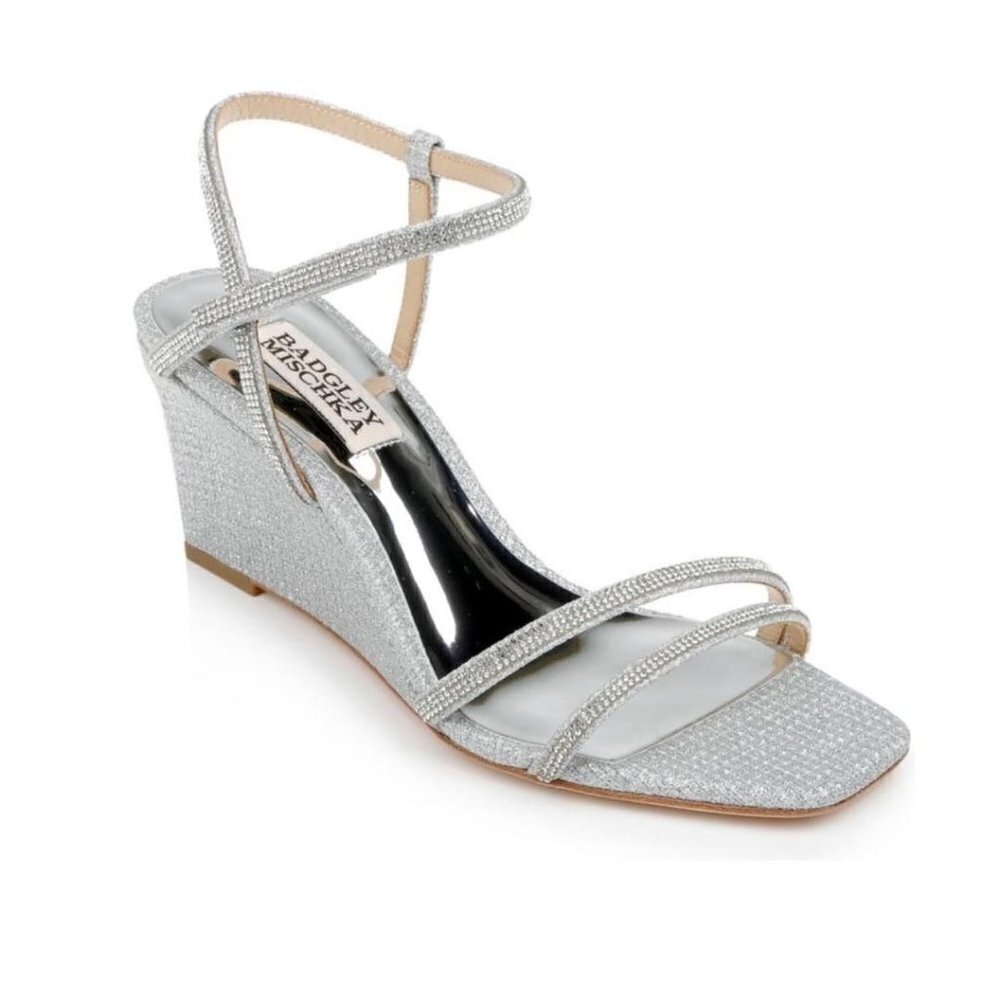 Badgley Mischka Womens Silver Glittery Square Open Toe Wedge Sandals Sz 9 New